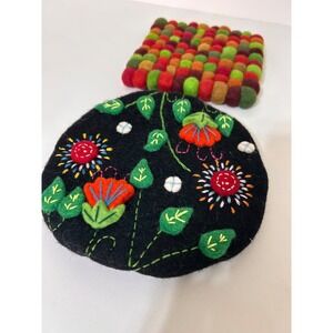The Village WOOL FELT SQUARE Round Floral Embroidered COASTER TRIVET HOT PAD